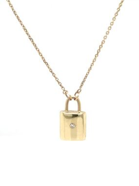 14K Solid Gold Padlock Necklace with Diamond - Women Jewelry